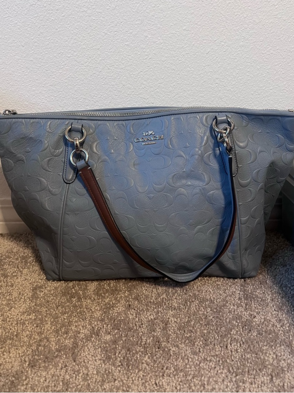 Coach Taylor Tote in Periwinkle Blue Signature Debossed Leather